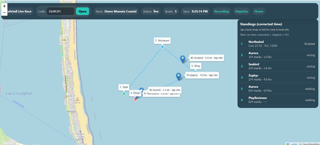 SafeSail live race map with course marks and standings