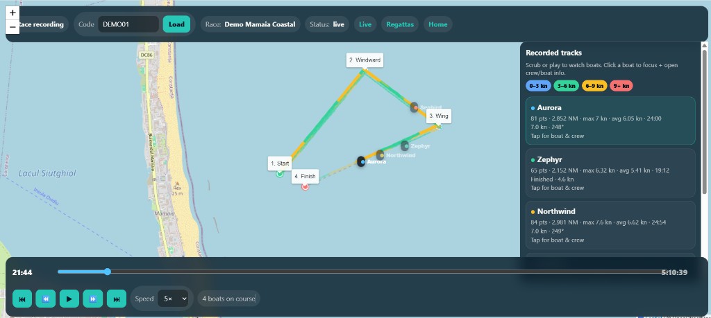 Race recording playback with speed-coloured tracks