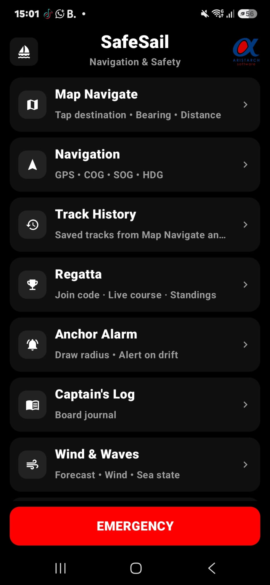 SafeSail home menu